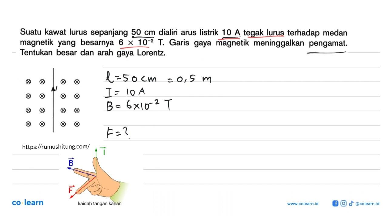 Suatu kawat lurus sepanjang 50 cm dialiri arus listrik 10 A