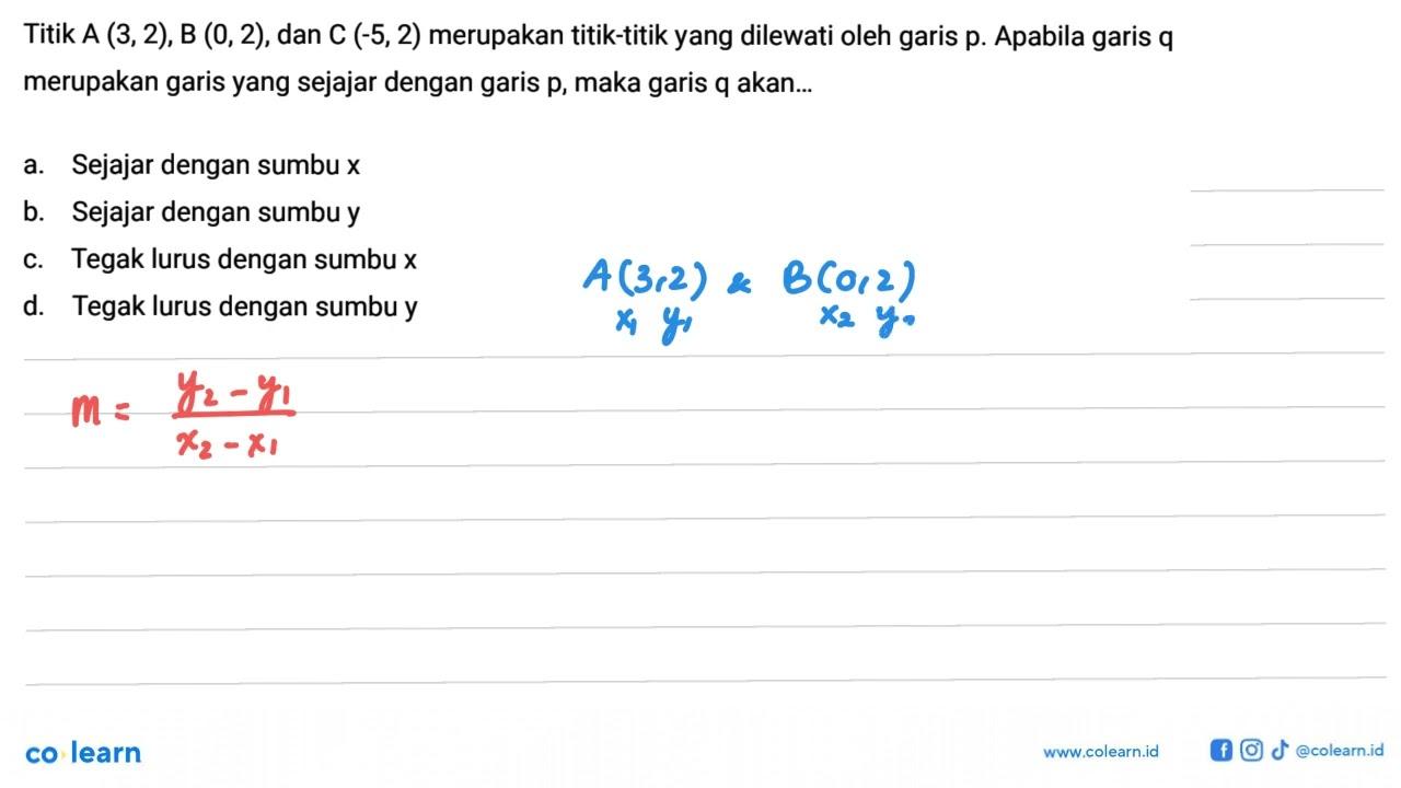 Titik A(3,2), B(0, 2), dan C (-5,2) merupakan titik-titik