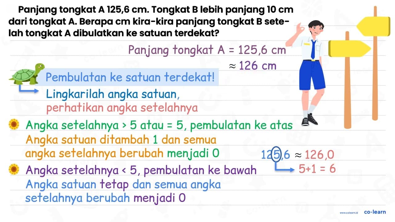 Panjang tongkat A 125,6 cm . Tongkat B lebih panjang 10 cm