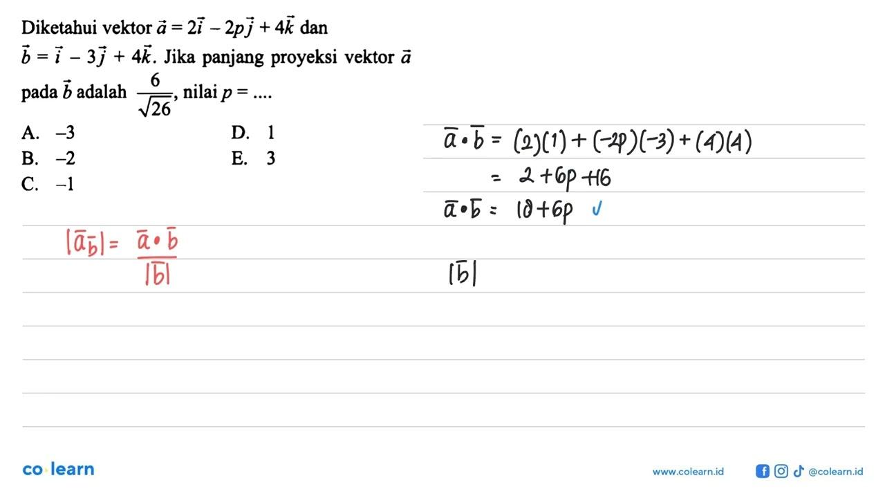 Diketahui vektor a=2i-2pj+4k dan vektor b=i-3j+4k. Jika