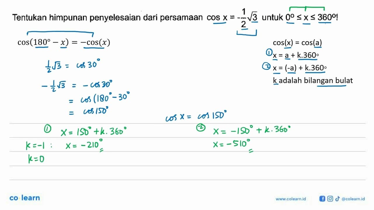 Tentukan himpunan penyelesaian dari persamaan cos x=-1/2