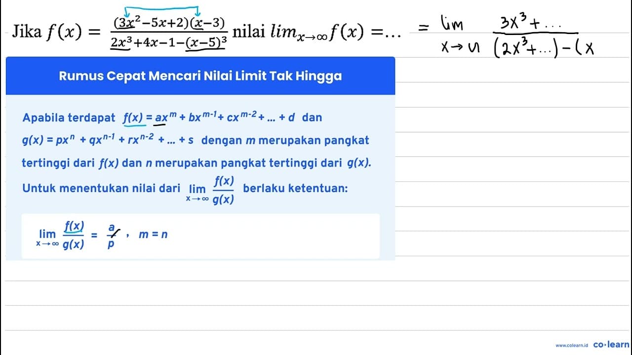 Jika f(x) = ((3x^2-5x+2)(x-3))/((2x^3+4x-1-(x-5)^3) nilai