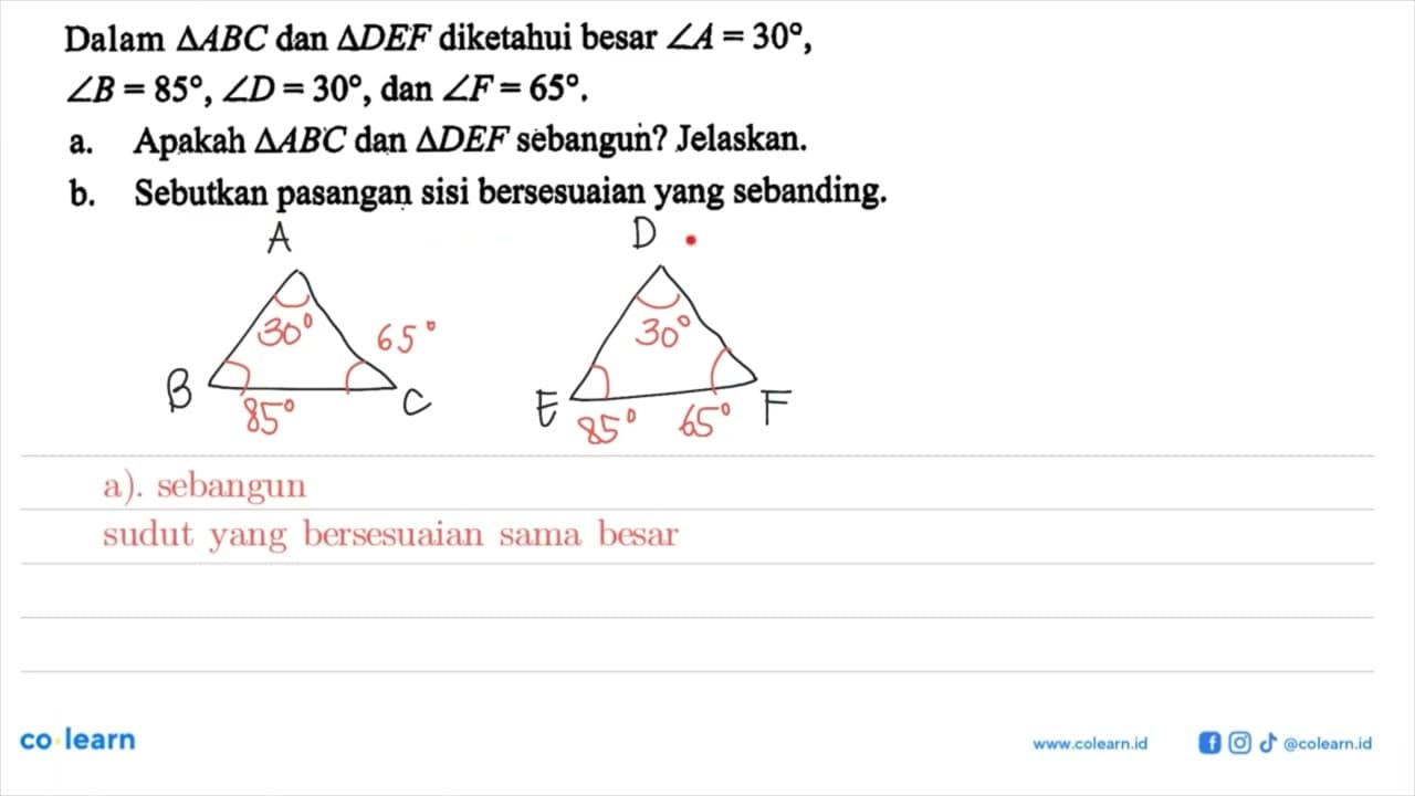 Dalam segitiga ABC dan segitiga DEF diketahui besar sudut