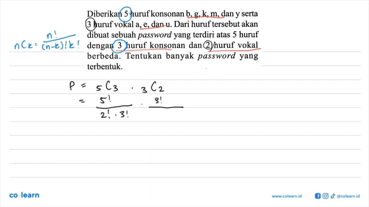 Diberikan 5 huruf konsonan b, g, k, m, dan y serta 3 huruf