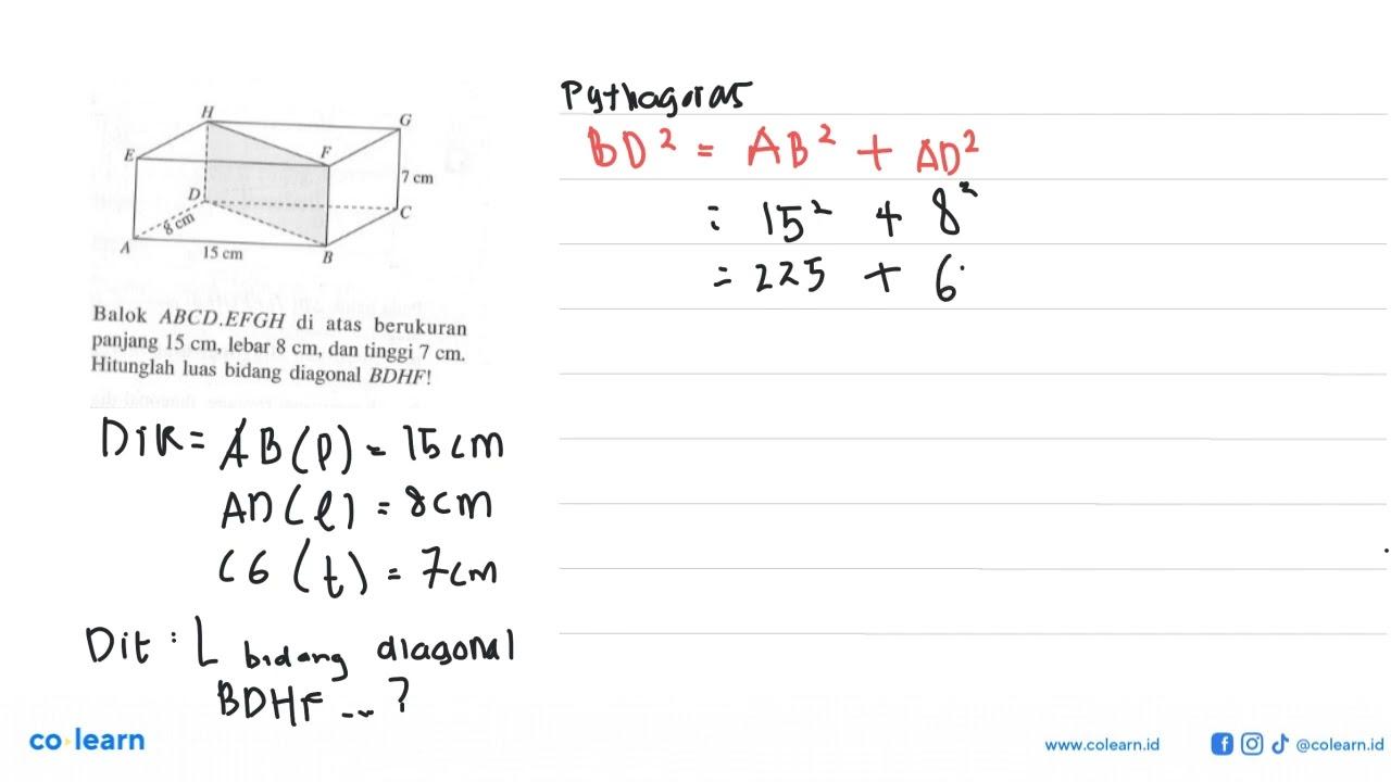 Balok ABCD.EFGH dengan panjang AB = 15 cm, panjang AD = 8