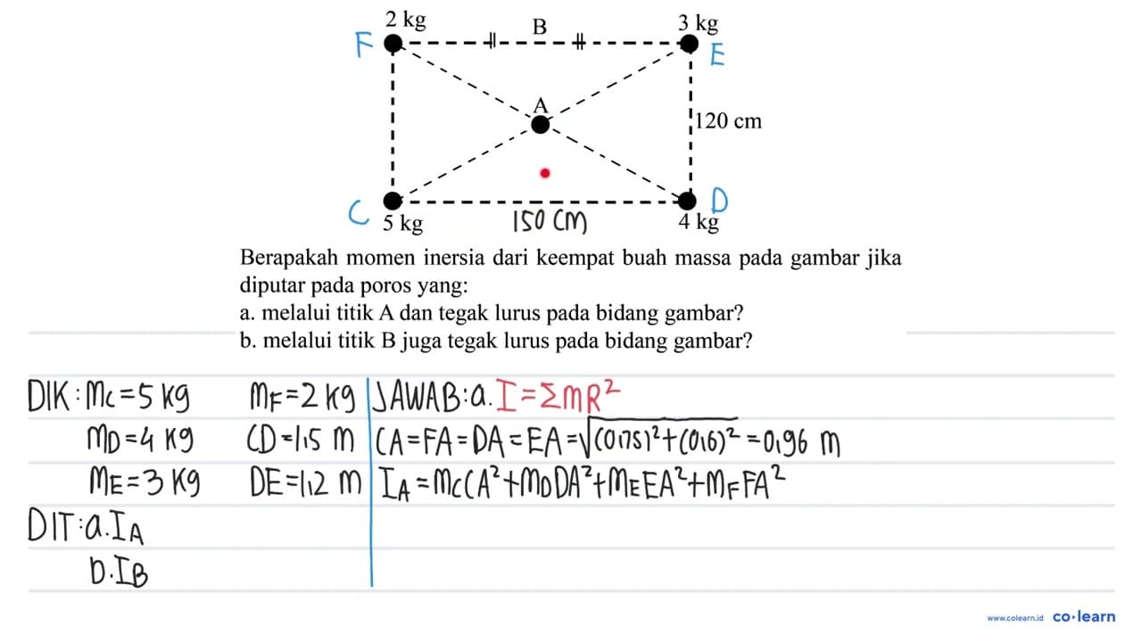 2 kg B 3 kg A 120 cm 5 kg 4 kg Berapakah momen inersia dari