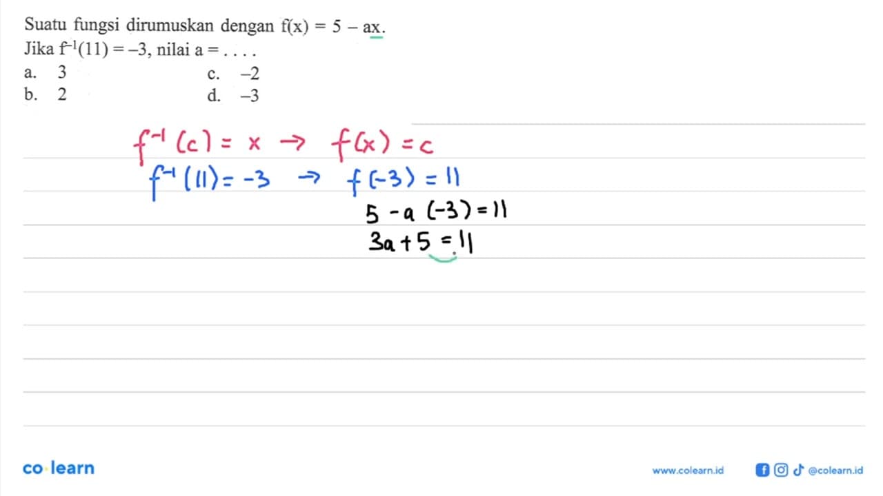 Suatu fungsi dirumuskan dengan f(x) = 5 - ax. Jika