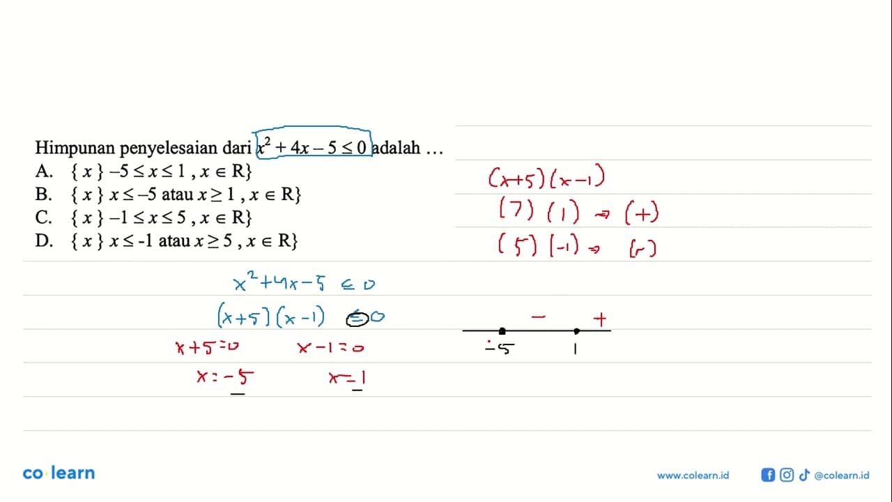 Himpunan penyelesaian dari x^2 + 4x - 5 <= 0 adalah...