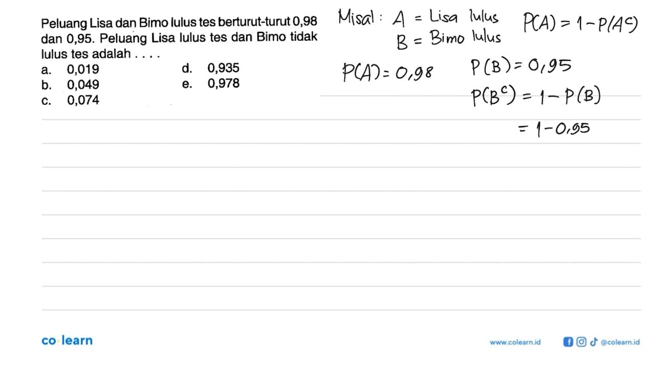 Peluang Lisa dan Bimo lulus tes berturut-turut 0,98 dan