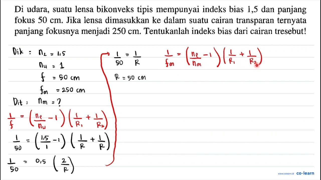 Di udara, suatu lensa bikonveks tipis mempunyai indeks bias