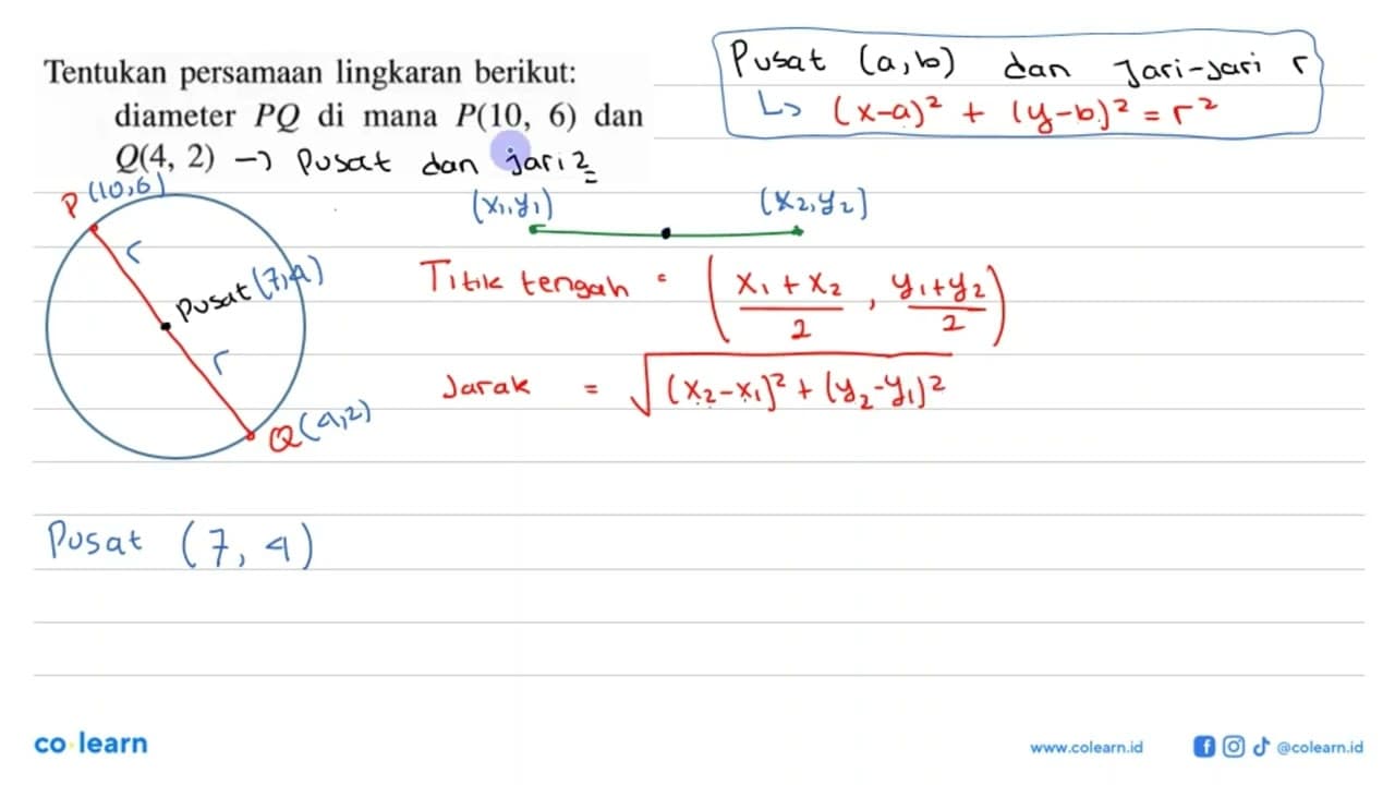 Tentukan persamaan lingkaran berikut: diameter P Q di mana