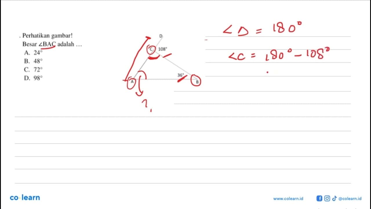 Perhatikan gambar!Besar sudut BAC adalah ...A. 24 B. 48 C.