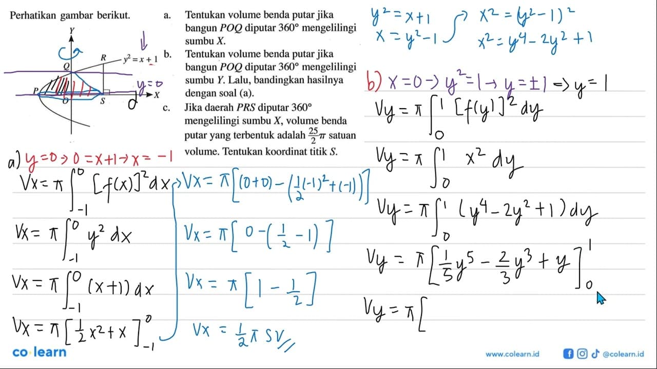 Perhatikan gambar berikut. y^2=x+1 a. Tentukan volume benda