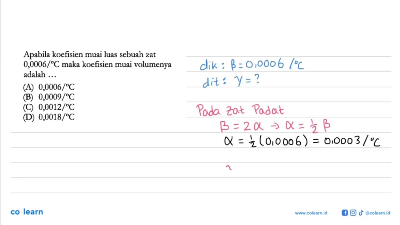 Apabila koefisien muai luas sebuah zat 0,0006/ C maka