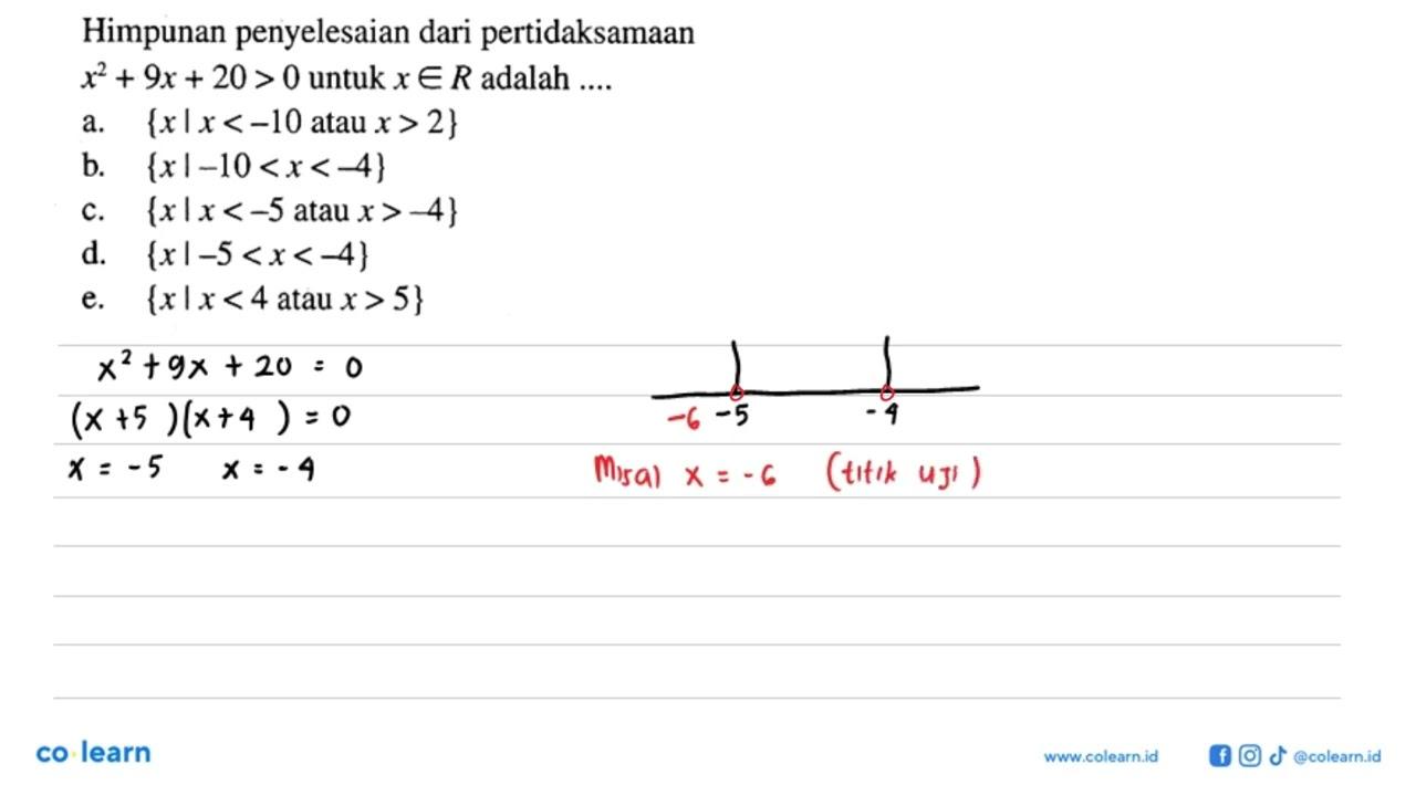 Himpunan penyelesaian dari pertidaksamaan x^2+9x+20>0 untuk