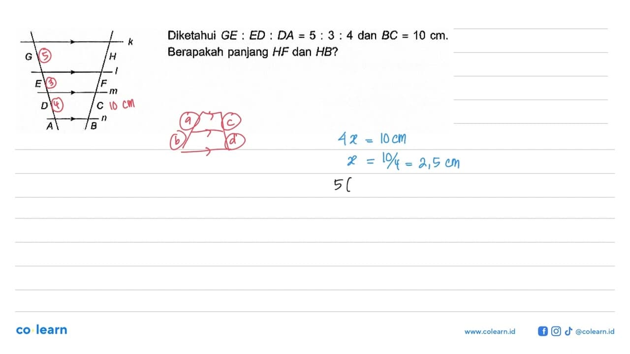 A B n C D E F m G H l k Diketahui GE : ED : DA=5 : 3 : 4