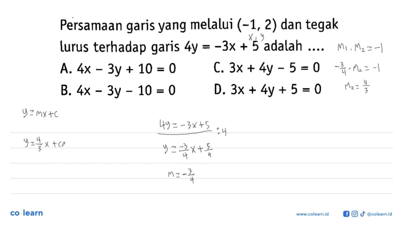 Persamaan garis yang melalui (-1, 2) dan tegak lurus