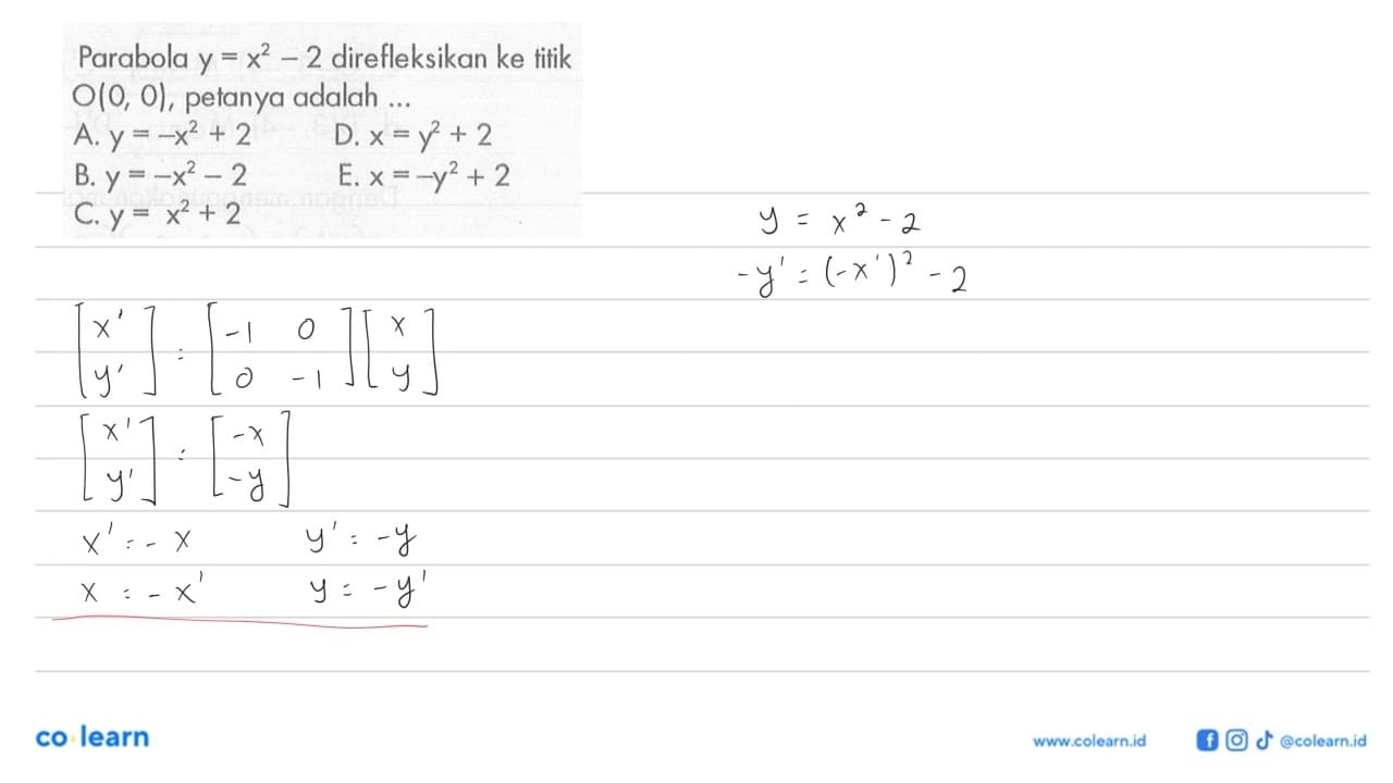 Parabola y=x^2-2 direfleksikan ke titik O(0,0) , petanya