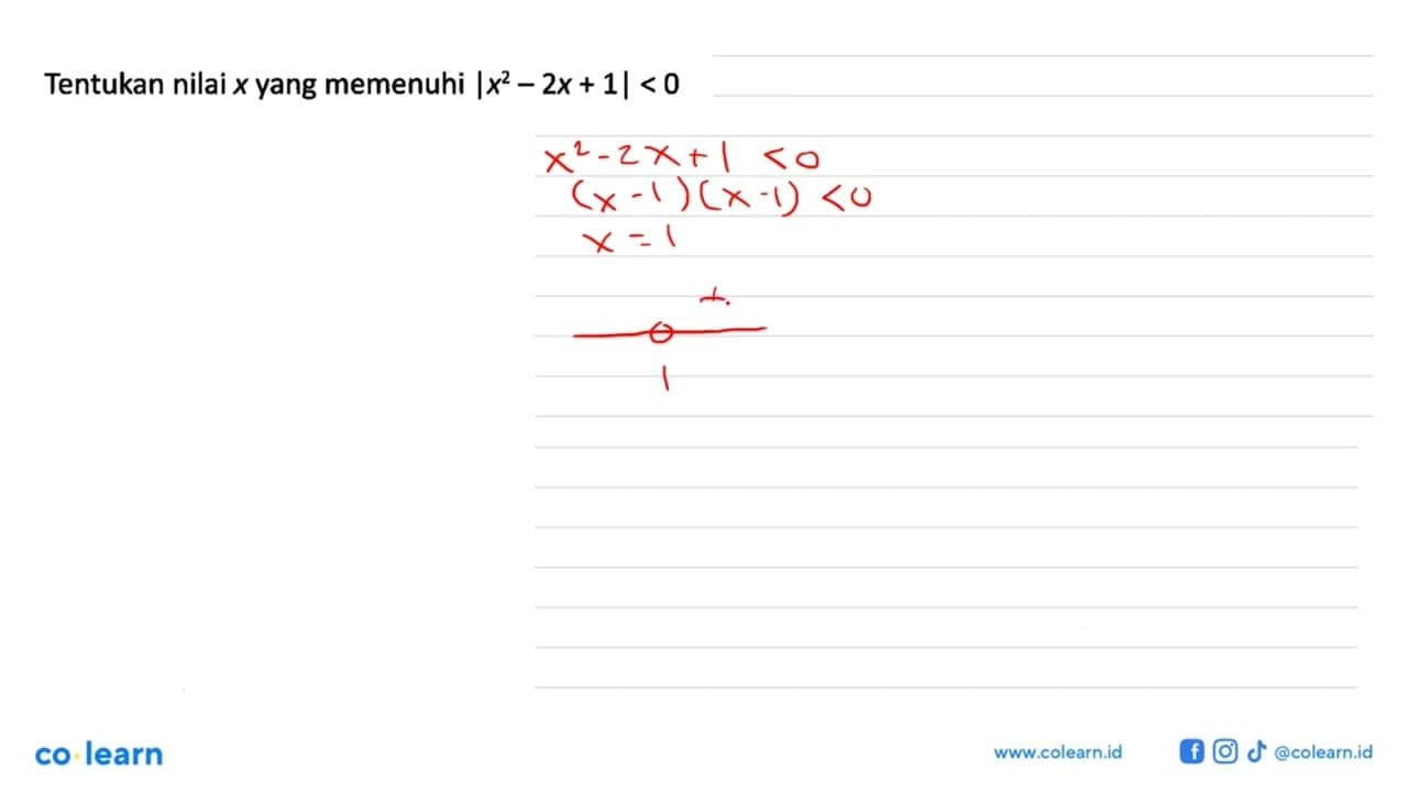 Tentukan nilai x yang memenuhi Ix^2-2x+1|<0