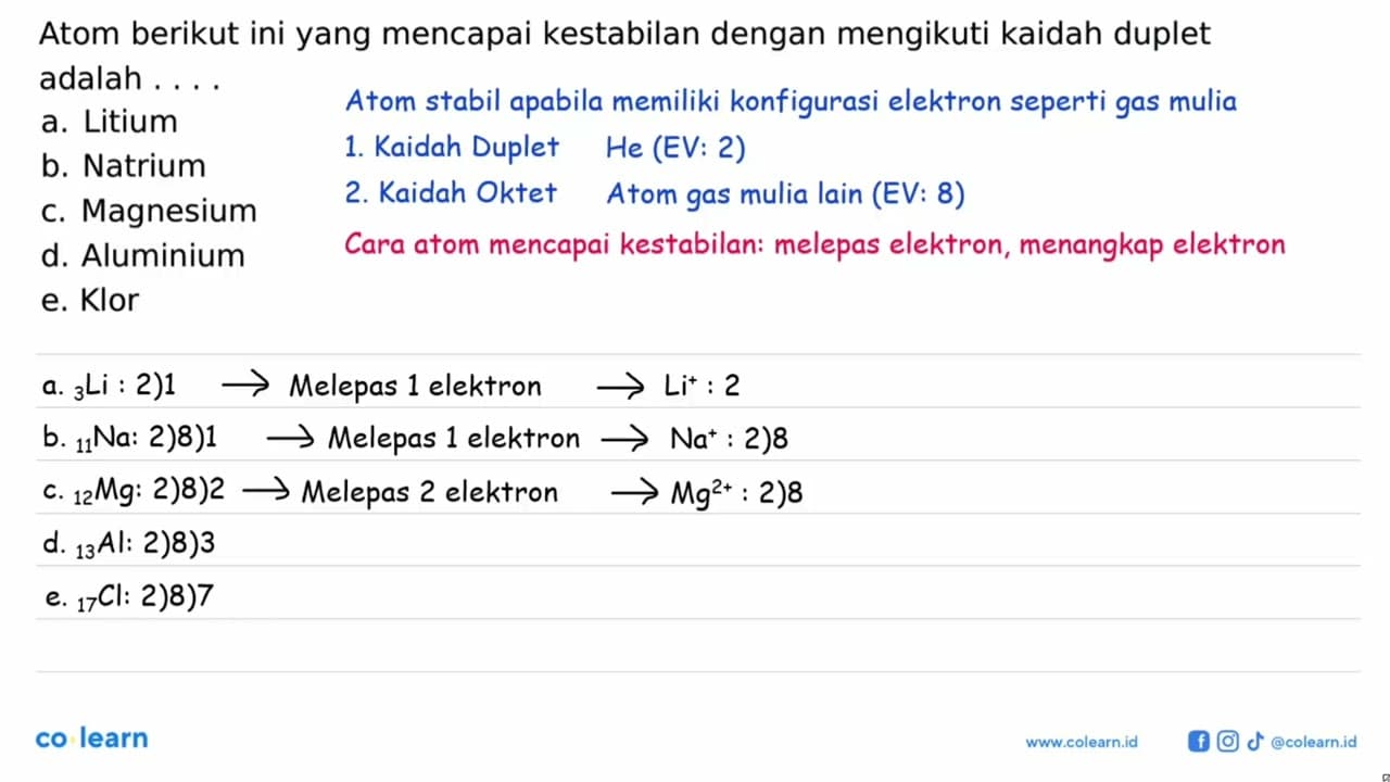 Atom berikut ini yang mencapai kestabilan dengan mengikuti