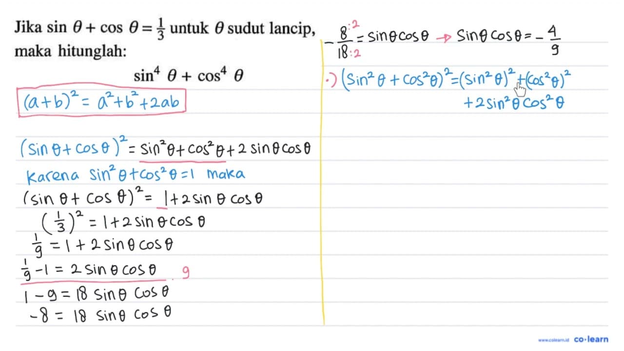 Jika sin theta+cos theta=1/3 untuk theta sudut lancip, maka