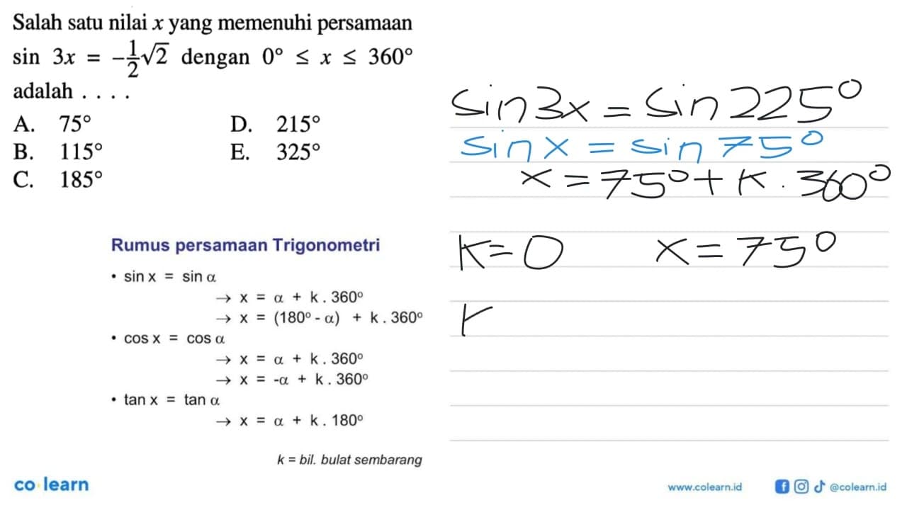 Salah satu nilai x yang memenuhi persamaan sin 3x=-1/2