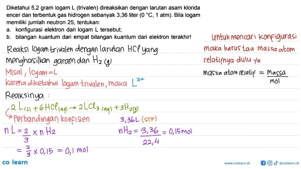 Diketahui 5,2 gram logam L (trivalen) direaksikan dengan