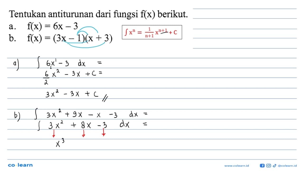 Tentukan antiturunan dari fungsi f(x) berikut. a. f(x)=6x-3