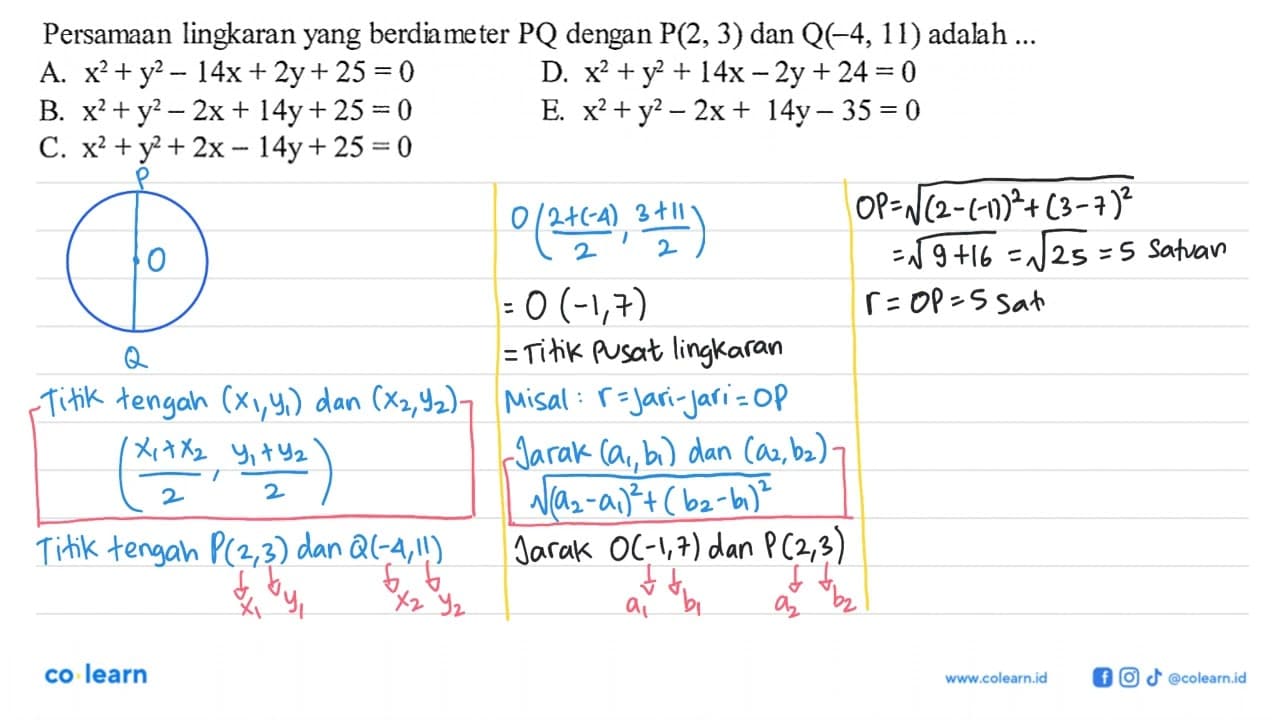 Persamaan lingkaran yang berdiameter P Q dengan P(2,3) dan