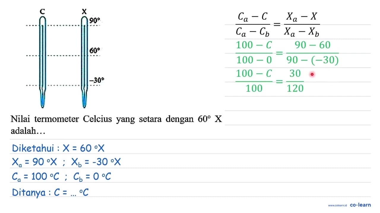 C X 90 60 -30 Nilai termometer Celcius yang setara dengan