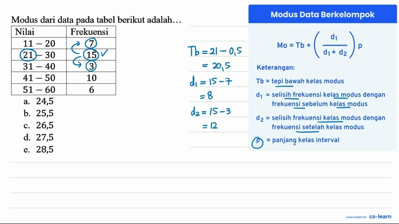 Modus dari data pada tabel berikut adalah ... Nilai