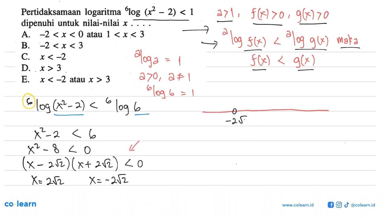 Pertidaksamaan logaritma 6log(x^2-2)<1 dipenuhi untuk