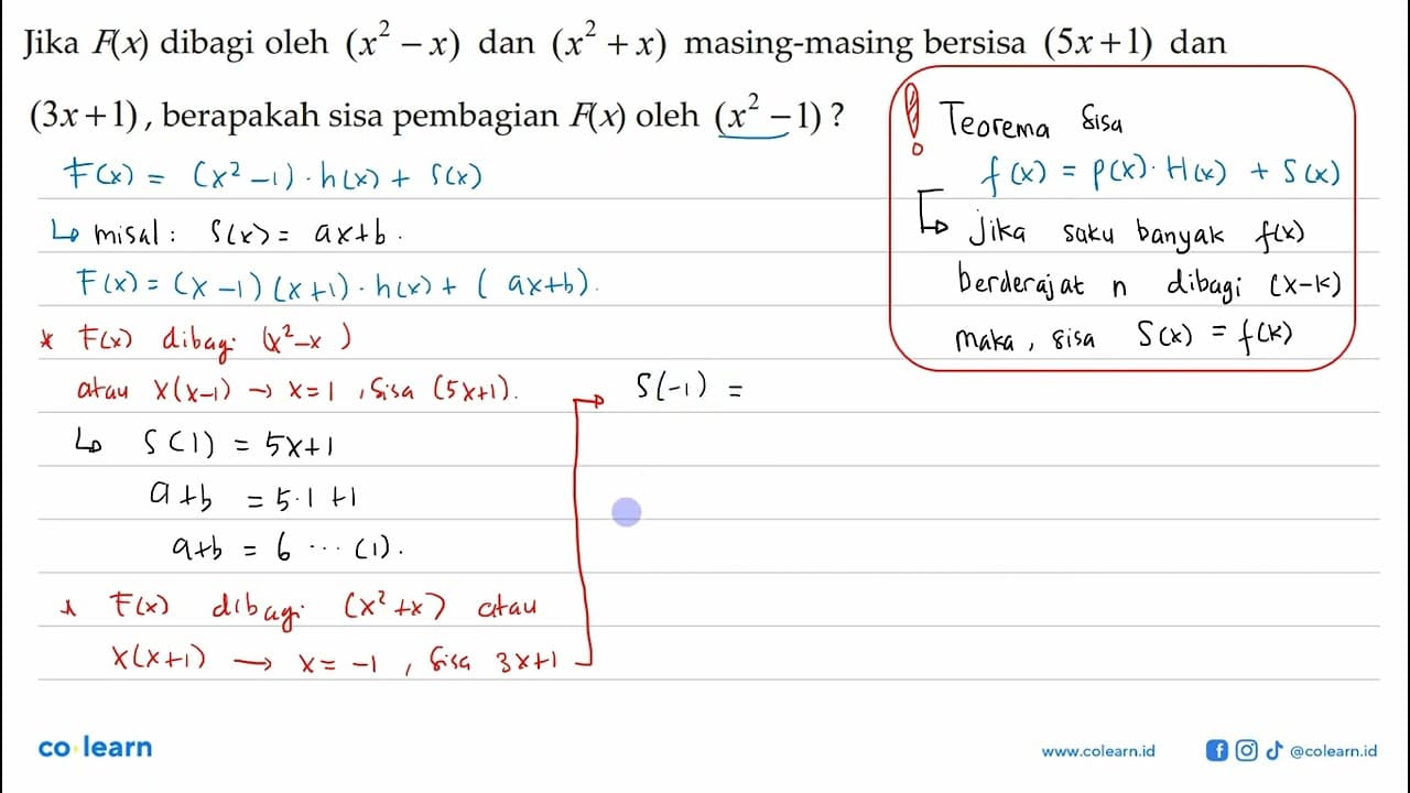 Jika F(x) dibagi oleh (x^2-x) dan (x^2+x) masing-masing