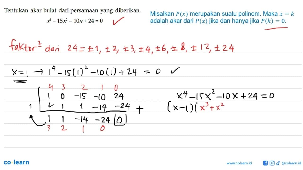 Tentukan akar bulat dari persamaan yang diberikan.x^4-15