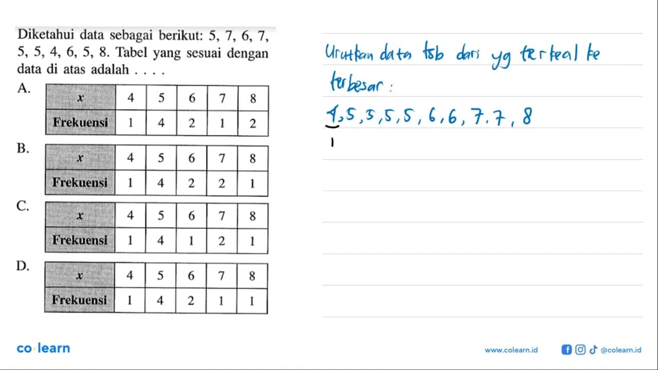 Diketahui data sebagai berikut: 5,7,6,7 , 5,5,4,6,5,8 .