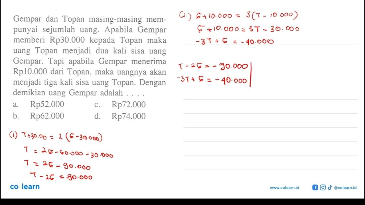 Gempar dan Topan masing-masing mempunyai sejumlah uang.