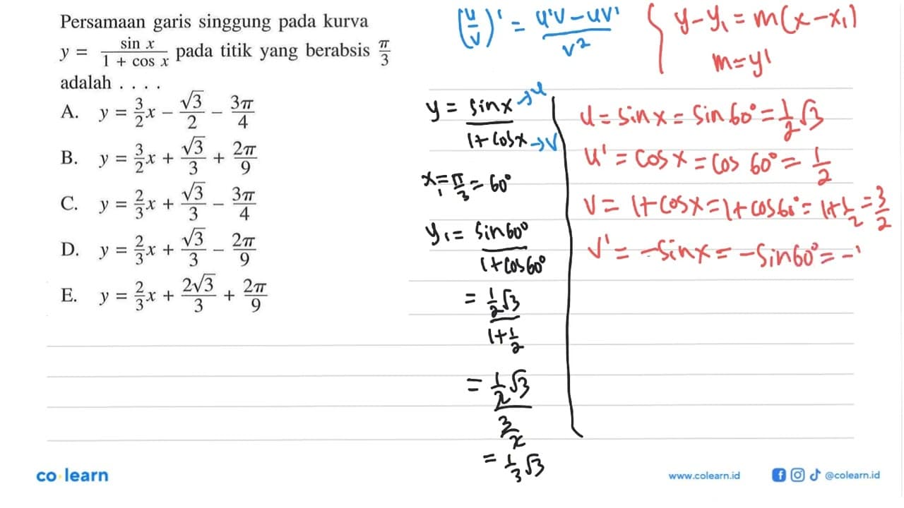 Persamaan singgung garis pada kurva y = (sin x)/(1+cos x)