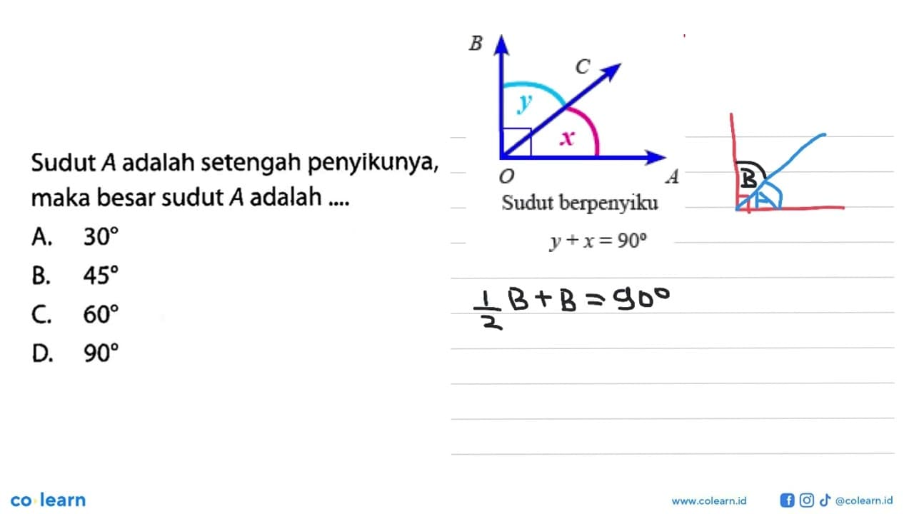 Sudut A adalah setengah penyikunya, maka besar sudut A