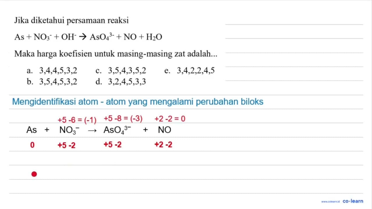 Jika diketahui persamaan reaksi As+NO_(3)/( )^(-)+OH^(-) ->