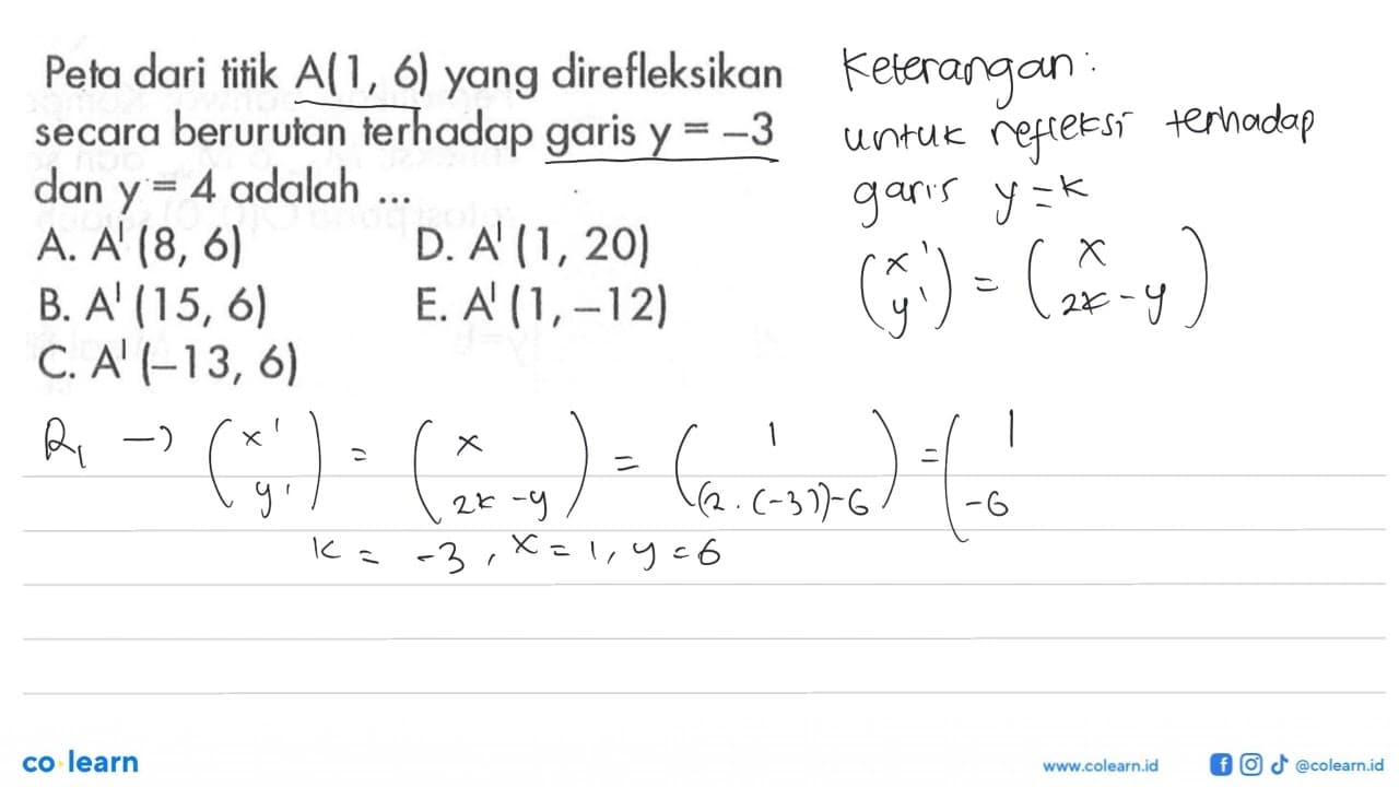 Peta dari titik A(1, 6) yang direfleksikan terhadap secara