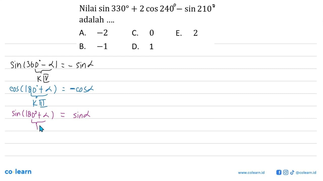 Nilai sin 330+2cos 240-sin 210 adalah ...