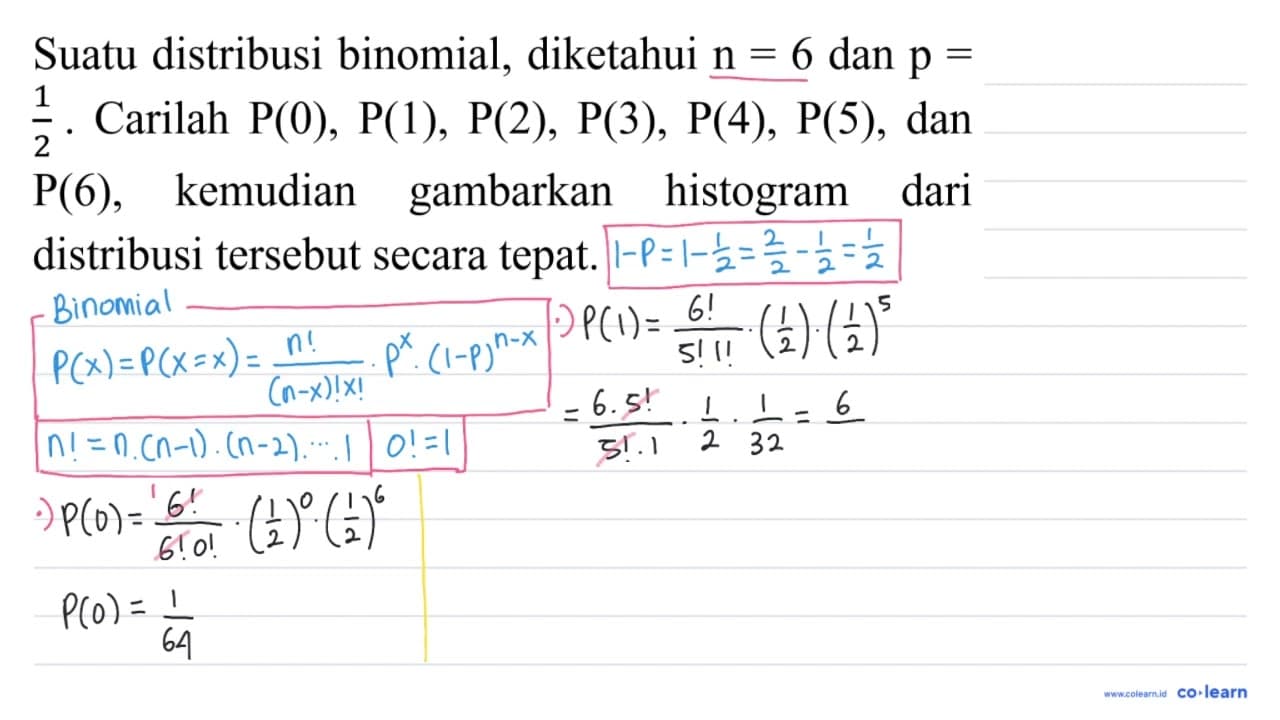 Suatu distribusi binomial, diketahui n = 6 dan p = 1/2.