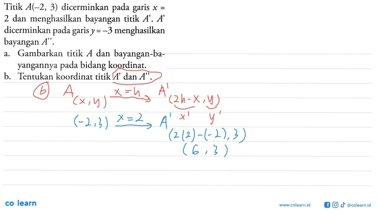 Titik A(-2,3) dicerminkan pada garis x= 2 dan menghasilkan