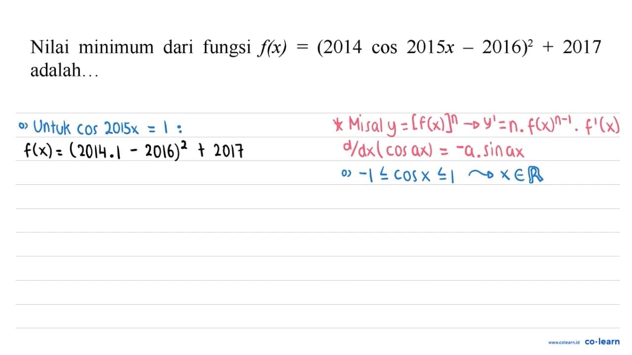 Nilai minimum dari fungsi f(x)=(2014 cos 2015