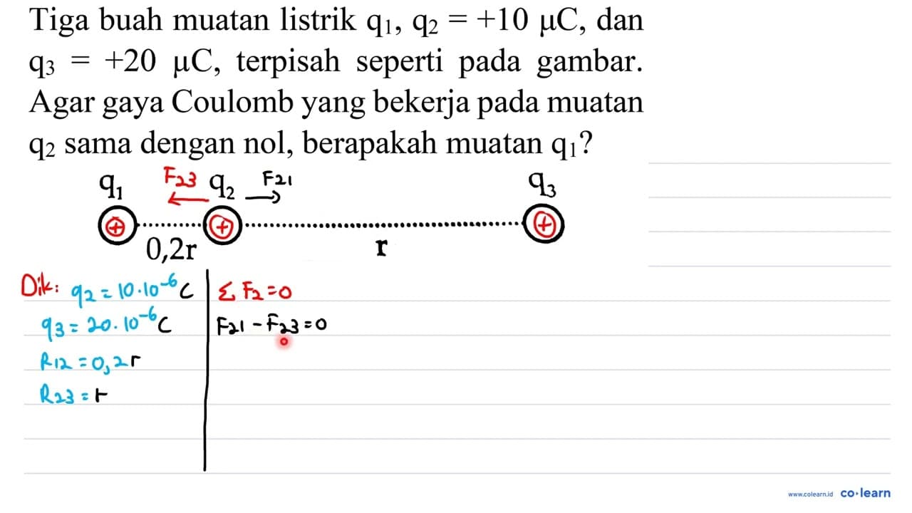 Tiga buah muatan listrik q_(1), q_(2)=+10 mu C , dan