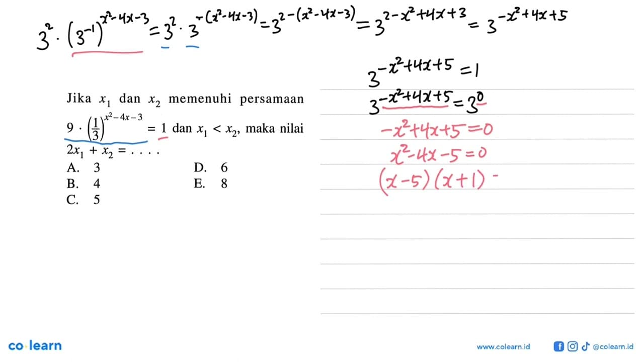 Jika x1 dan x2 memenuhi persamaan 9.(1/3)^(x^2-4x-3)=1 dan