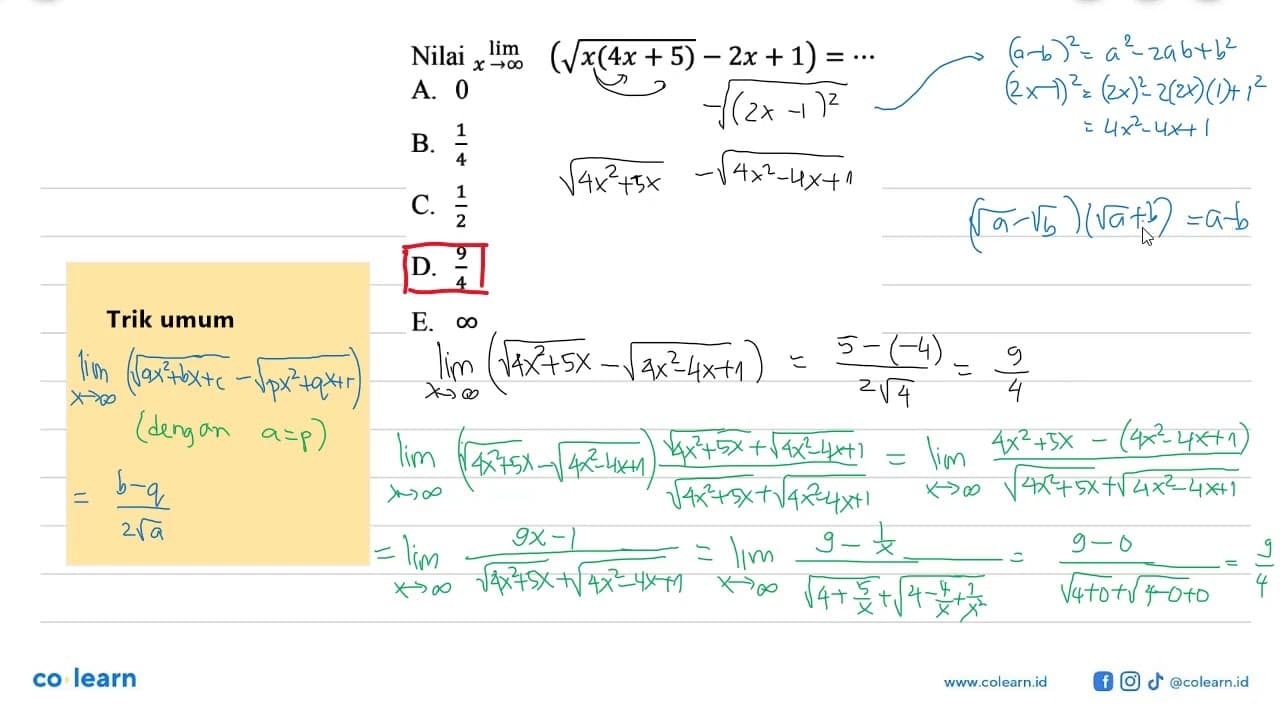 Nilai limit x mendekati tak hingga (akar(x(4x+5))-2x+1)=...