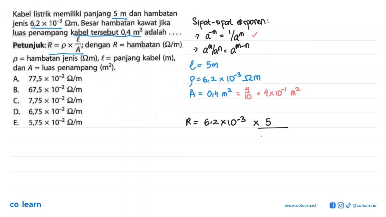 Kabel listrik memiliki panjang 5 m dan hambatan jenis