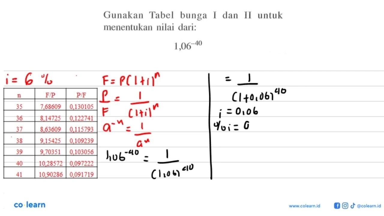 Gunakan Tabel bunga I dan II untuk menentukan nilai dari: