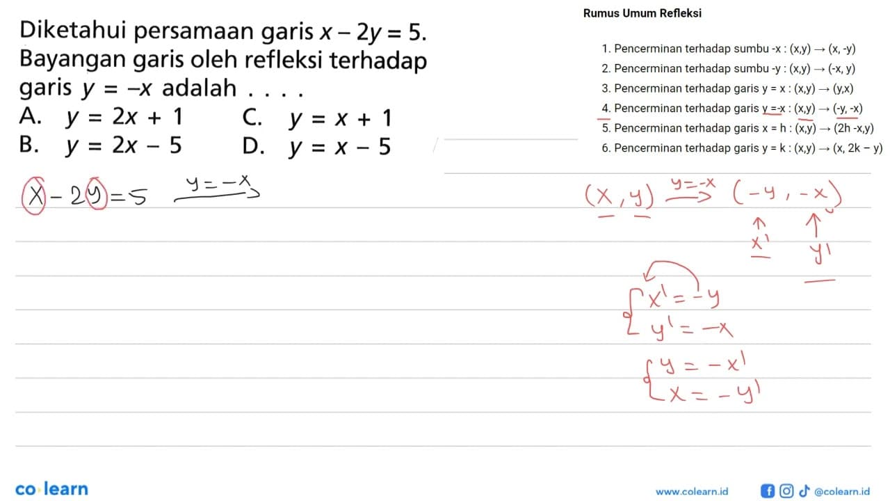 Diketahui persamaan garis x-2 y=5 . Bayangan garis oleh